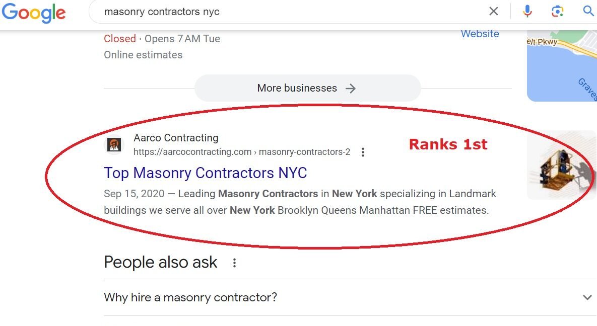 Screenshot showing client Aarco Contracting ranking 1st on Google for a key service-related term