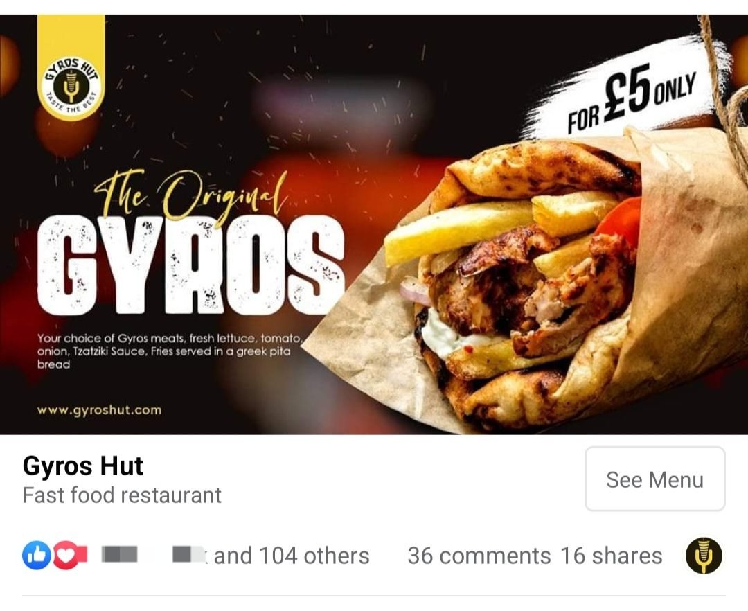 Screenshot of the successful Facebook post for gyros hut showcasing 100s of likes and comments.